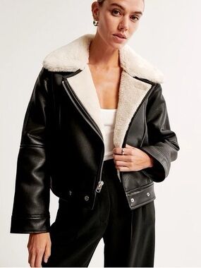 Abercrombie & Fitch Black Faux-Leather Jacket with Cream Shearling Collar